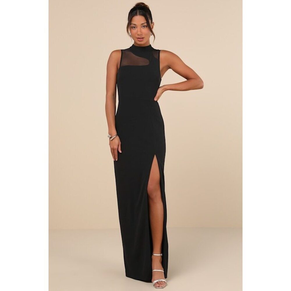 Lulus Irresistibly Modern Black Mesh Mock Neck Maxi Dress - Size M
